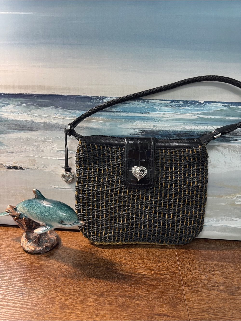 Brighton - Woven Black and Gold Shoulder Bag with Heart Accent